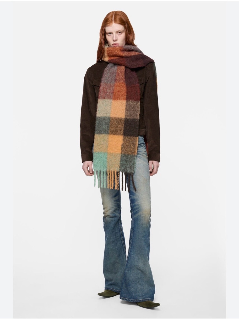 Steve Madden Multicolor Plaid Oversized Fringe Scarf Wrap Orange Brown Mint Boho - Picture 9 of 9
